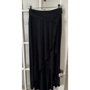 Midi Black Faux Wrap Skirt Womens Medium Stretch Pull On Elastic Waist